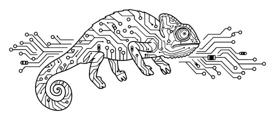cyber chameleon made of circuits monoline vector art