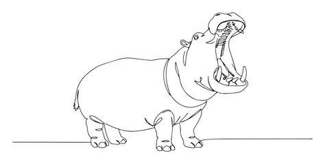 angry hippopotamus opening wide mouth monoline vector art