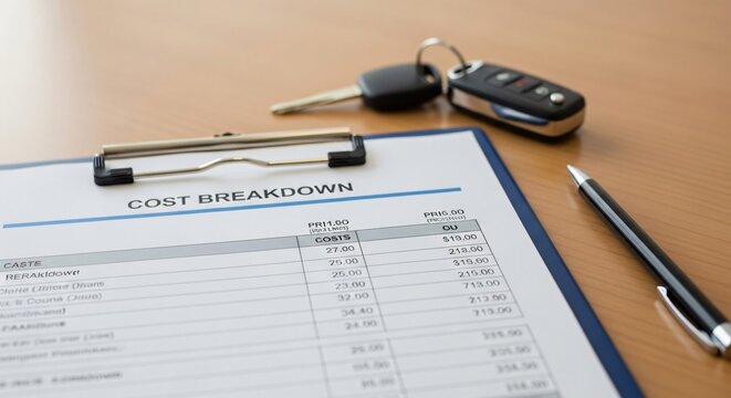 Car Keys Cost Breakdown Document and Pen on Wooden Table.