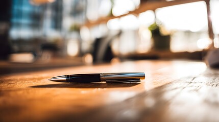 instrument. A single pen lying on a wooden desk with blurred background, professional workspace vibe. pitch deck slides, case study pages, designed for brand storytelling and e-commerce strategy.