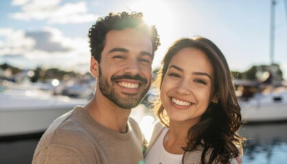Close-up portrait of happy interracial couple in the port, backlighting looking at the camera.