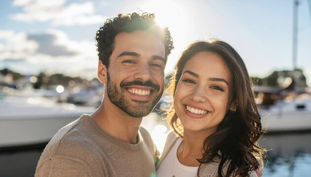 Close-up portrait of happy interracial couple in the port, backlighting looking at the camera.