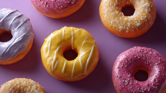 realistic top view of assorted donuts with colorful icing