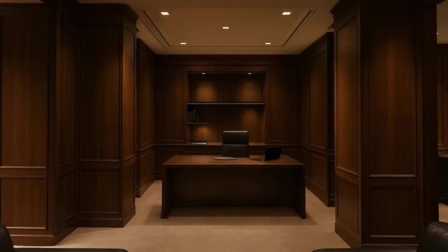 Luxurious wood-paneled executive office or lounge with a central desk, two black leather sofas, and built-in shelves.