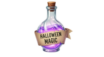 Halloween magic potion bottle with label isolated on transparent background