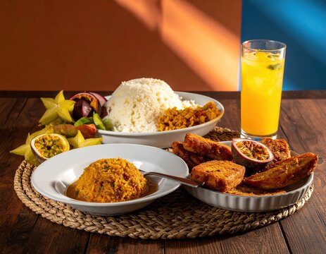 Delicious caribbean cuisine featuring rice stew fried bake passion fruit and a refreshing tropical juice on a rustic wooden table setting