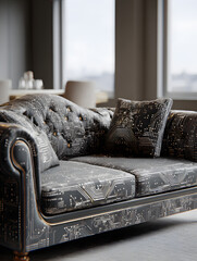 Futuristic sofa as part of the interior of an apartment. Neural network AI generated art