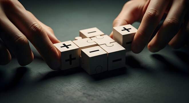 Balancing pros and cons with puzzle pieces, making decisions