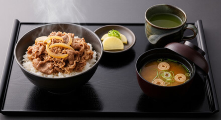 Japanese Gyudon with Raw Egg Yolk and Onion