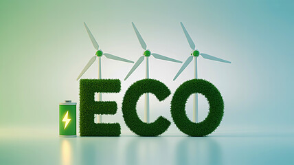 Obraz premium Eco-Friendly Energy 3D Render of Wind Turbines and Grassy ECO Letters