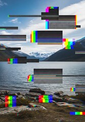 Glitch aesthetic of serene lake scene contrasting nature and technology