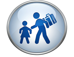 Family travels together, icon.  A man and a girl,  blue figures, walking, man carries bags.  Button style