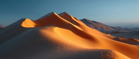 desert landscape with giant sand dunes, sunrise casting long shadows