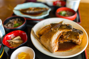 Traditional Japanese fish dish cooked with fresh ingredients