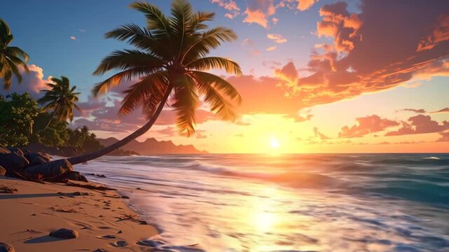 Tropical Beach Sunset with Palm Trees and Waves