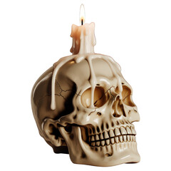 Skull with a burning candle on top of its head on transparent background