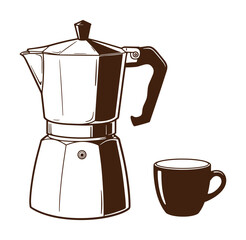 Classic italian moka pot and coffee cup vector illustration on white background