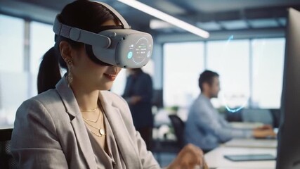 Young businesswoman using a new virtual reality glasses at office and looking around, Businesswoman using VR headset at her work place - Powered by Adobe