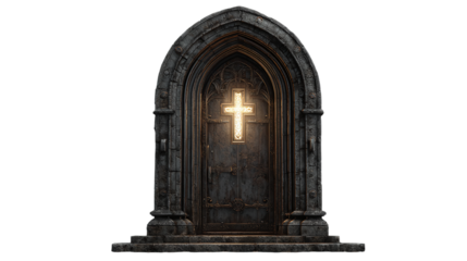 Ancient stone doorway with cross isolated on transparent background