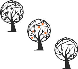 Set of orange tree icons with fruits, with orange black and without fruits.