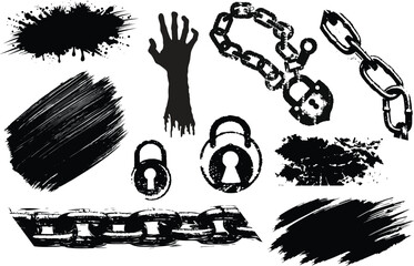 Grunge black and white illustration of raised fist with broken Chain, Lock, brush, horror hand, slash vector illustration symbol of freedom and resistance For urban art design © SAGOR