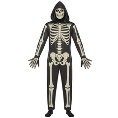 Person in skeleton costume for halloween party on transparent background