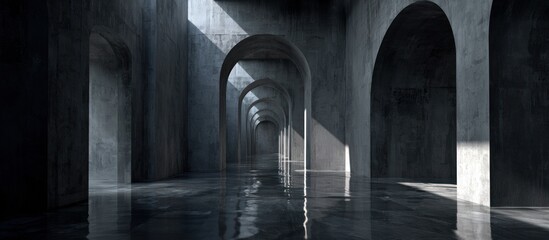 Concrete tunnel with arches, lit by light shafts reflecting in the water floor