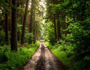 Obraz premium Lush forest path in sunlight