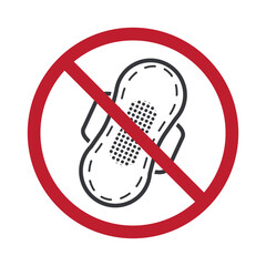 Isolated prohibition sign showing do not flush sanitary products down the toilet, hygiene instruction label for restroom, plumbing, and environment safety.