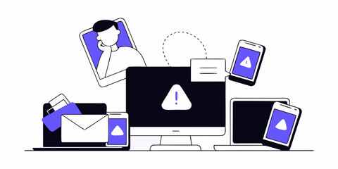 Frustrated person overwhelmed by multiple devices displaying error messages and notifications