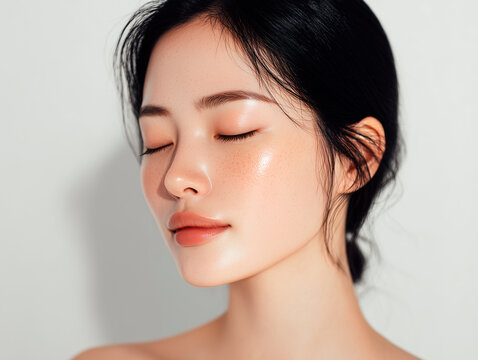 Young woman with glowing smooth skin and natural freckles enjoying skincare and beauty wellness with eyes closed