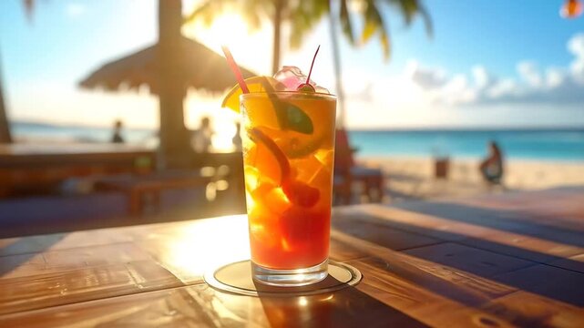 Tropical Cocktail on Beach Bar: Refreshing Drink with Ocean View and Palm Trees