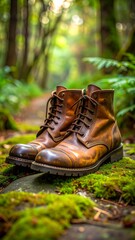 A worn pair of brown leather hiking boots rest on the ground in the woods