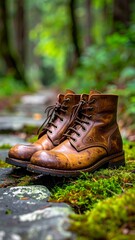 A worn pair of brown leather hiking boots rest on the ground in the woods