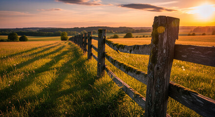 Obraz premium Rustic Wooden Fence with Countryside Bokeh