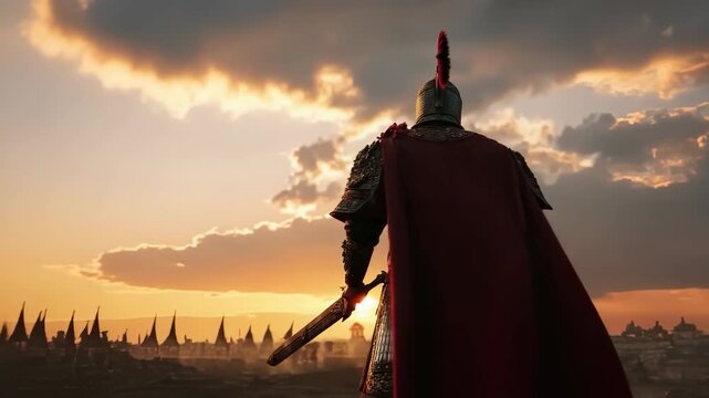 Heroic Roman Gladiator Standing Tall Against a Dramatic Sunset with Majestic Clouds
