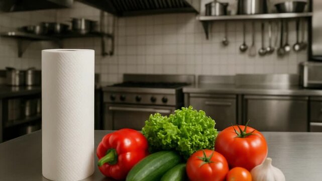 Paper towel roll next to fresh produce&mdash;bell pepper, cucumber, lettuce, tomatoes and garlic on a stainless kitchen counter.