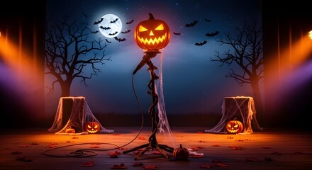 Halloween scary pumpkin scene with full moon and bats
