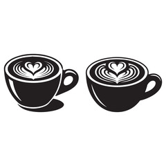 Two Black Coffee Cups with Heart Latte Art drink beverage