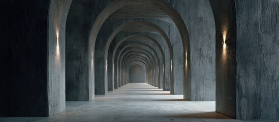 Dim corridor with concrete arches and wall lights in repeating perspective