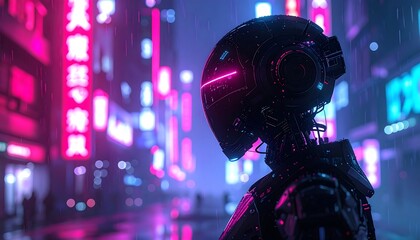 Futuristic cityscape with a robot, illuminated by neon signs, reflecting a cyberpunk atmosphere, bathed in purple and pink hues during a rain shower