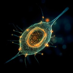 Transparent amoeba with luminous nucleus glowing softly