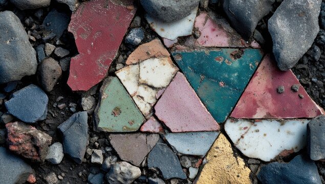 Colorful mosaic tile fragments on ground, surrounded by rocks. - Powered by Adobe