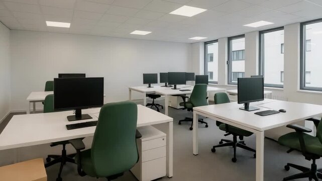 An empty modern office or computer lab with white desks, green chairs, multiple computer monitors, and a stack of boxes in the corner.