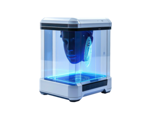 White cube display case with floating AI head