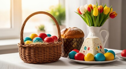 Easter Holiday Table Eggs Cake Paskha Tulips