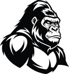 
Gorilla mascot with an angry, aggressive expression, black and white illustration of a powerful silverback ape head.