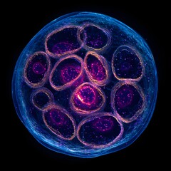 Amoeba nucleus glowing inside transparent cytoplasm close view
