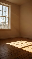 Obraz premium Warm sunlight streams through a window, casting intricate shadows on a light-toned wooden floor.