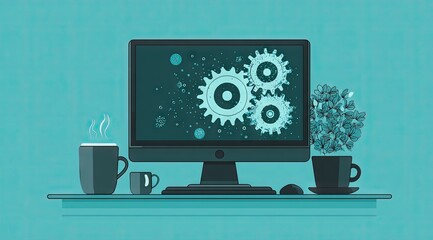 Modern Computer Workstation with Gears and Coffee.